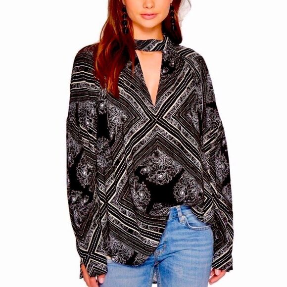 Free People Walking the Dream, floral and striped tunic blouse. - Picture 1 of 6